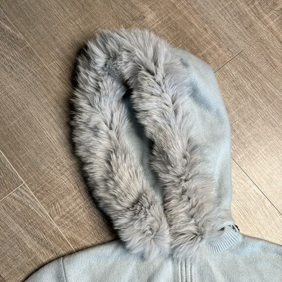 VINTAGE ST. JOHN SPORT 100% Cashmere Fur Trimmed Hooded Full Zip Sweater Size P - Picture 7 of 14